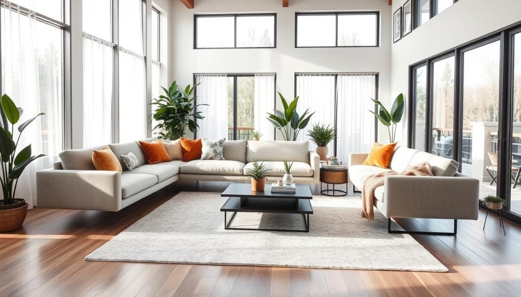 Floating Sectional Arrangement in Large Living Room