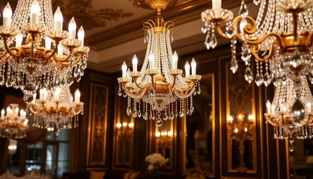 crystal chandeliers with gold accents