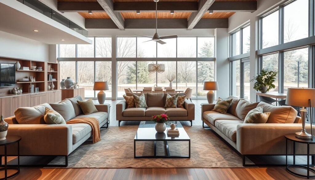 open floor plan sofa arrangement